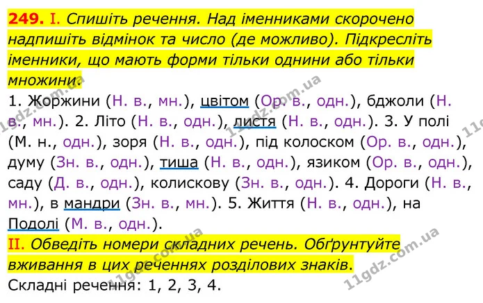 249. І. Спишіть речення. Над іменниками скорочено надпишіть відмінок та число (де можливо). Підкресліть іменники, що мають форми тільки — ГДЗ Українська мова 6 клас Заболотний 2020