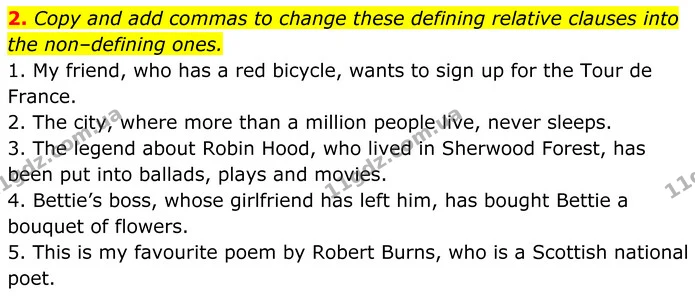 2. Copy and add commas to change these defining relative clauses into the non–defining ones. — ГДЗ Англійська мова 8 клас Карпюк 2025