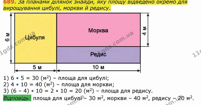 689. За планами ділянок знайди, яку площу відведено окремо для вирощування цибулі, моркви й редису. — ГДЗ Математика 4 клас Лишенко 1-2 ч.