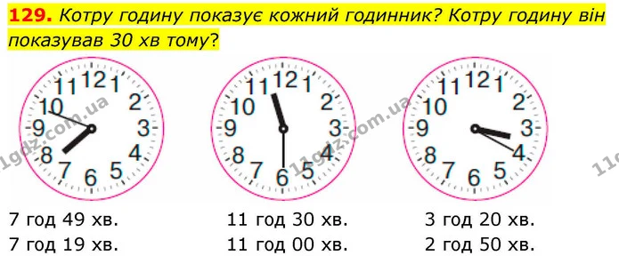 129. Котру годину показує кожний годинник? Котру годину він показував 30 хв тому? — ГДЗ Математика 4 клас Листопад