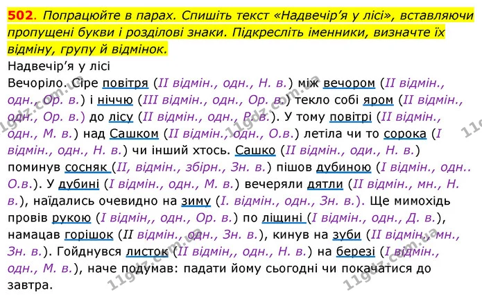 502. Попрацюйте в парах. Спишіть текст «Надвечір’я у лісі», вставляючи пропущені букви і розділові знаки. Підкресліть іменники — ГДЗ Українська мова 6 клас Ворон, Солопенко