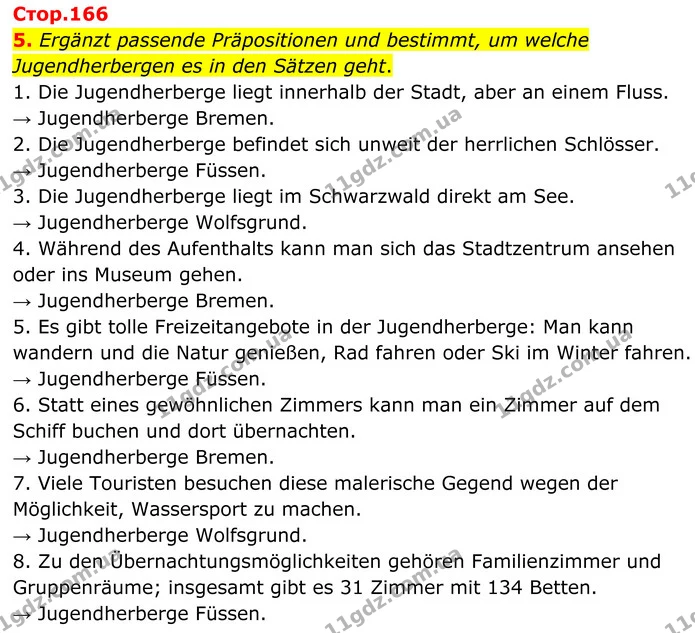 5. Ergänzt passende Präpositionen und bestimmt, um welche Jugendherbergen es in den Sätzen geht. — ГДЗ Німецька мова 8 клас Сотникова (2025) 4 рік