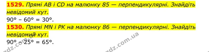 1529. Прямі AB і CD на малюнку 85 — перпендикулярні. Знайдіть невідомий кут. — ГДЗ Математика 6 клас Тарасенкова 2023 1-2 ч.