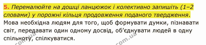 5. Перемалюйте на дошці ланцюжок і колективно запишіть (1–2 словами) у порожні кільця продовження поданого твердження. — ГДЗ Українська мова 5 клас Заболотний 2022