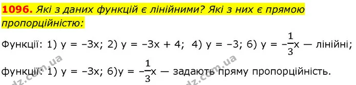 1096. Які з даних функцій є лінійними? Які з них є прямою пропорційністю: — ГДЗ Алгебра 7 клас Істер 2024