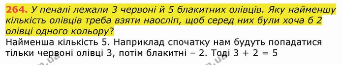 264. У пеналі лежали 3 червоні й 5 блакитних олівців. Яку найменшу кількість олівців треба взяти наосліп, щоб серед них були хоча б 2 — ГДЗ Математика 4 клас Оляницька