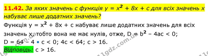 11.42. За яких значень c функція y = x2 + 8x + c для всіх значень x набуває лише додатних значень? — ГДЗ Алгебра 9 клас Істер