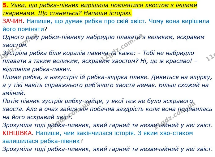 5. Уяви, що рибка-півник вирішила помінятися хвостом з іншими тваринами. Що станеться? Напиши історію. — ГДЗ Робочий зошит Українська мова та читання 3 клас Большакова