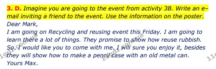3. D. Imagine you are going to the event from activity 3B. Write an e–mail inviting a friend to the event. Use the information on the — ГДЗ Англійська мова 6 клас Мітчелл