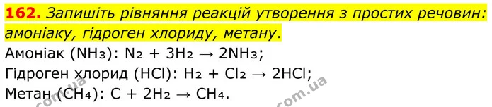 162. Запишіть рівняння реакцій утворення з простих речовин: амоніаку, гідроген хлориду, метану. — ГДЗ Хімія 8 клас Григорович