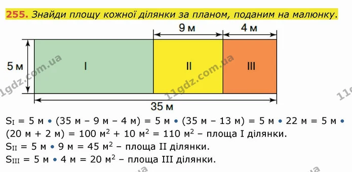 255. Знайди площу кожної ділянки за планом, поданим на малюнку. — ГДЗ Математика 4 клас Оляницька