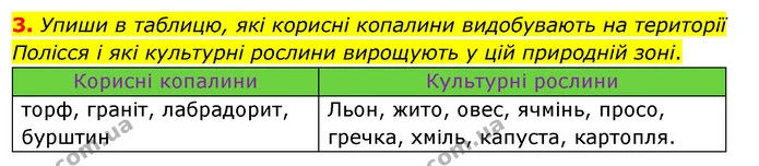 3. Упиши в таблицю, які корисні копалини видобувають на території Полісся і які культурні рослини вирощують у цій природній зоні. — ГДЗ Робочий зошит Я досліджую світ 4 клас Грущинська