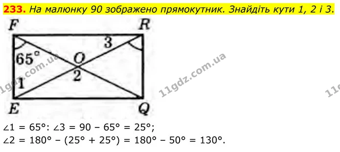 233. На малюнку 90 зображено прямокутник. Знайдіть кути 1, 2 і 3. — ГДЗ Геометрія 8 клас Бурда