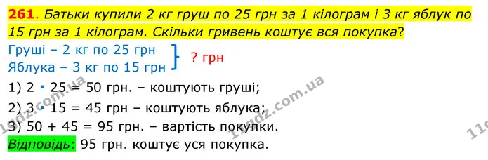 261. Батьки купили 2 кг груш по 25 грн за 1 кілограм і 3 кг яблук по 15 грн за 1 кілограм. Скільки гривень коштує вся покупка? — ГДЗ Математика 3 клас Бевз 1 частина