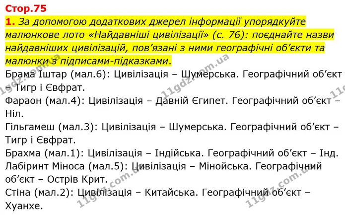 1. За допомогою додаткових джерел інформації упорядкуйте малюнкове лото «Найдавніші цивілізації» (с. 76): поєднайте назви найдавніших — Історія України Всесвітня історія 6 клас Щупак