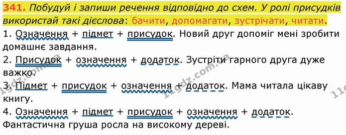 341. Побудуй і запиши речення відповідно до схем. У ролі присудків використай такі дієслова: бачити, допомагати, зустрічати, читати. — ГДЗ Українська мова 5 клас Онатій