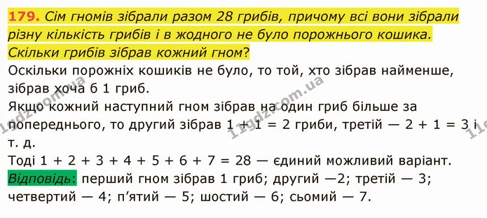179. Сім гномів зібрали разом 28 грибів, причому всі вони зібрали різну кількість грибів і в жодного не було порожнього кошика. Скільки — ГДЗ Математика 5 клас Мерзляк
