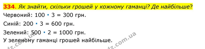 334. Як знайти, скільки грошей у кожному гаманці? Де найбільше? — ГДЗ Математика 3 клас Бевз 1 частина
