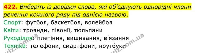 422. Виберіть із довідки слова, які об’єднують однорідні члени речення кожного ряду під однією назвою. — ГДЗ Українська мова 5 клас Глазова 2022