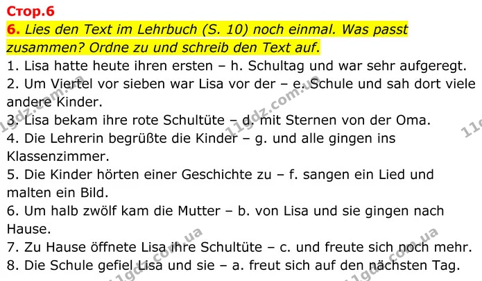 6. Lies den Text im Lehrbuch (S. 10) noch einmal. Was passt zusammen? Ordne zu und schreib den Text auf. — ГДЗ робочий зошит Німецька мова 8 клас Басай