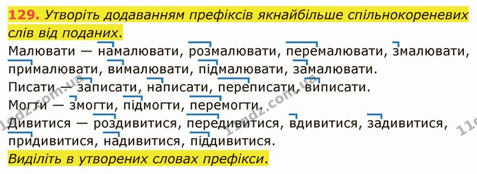 129. Утворіть додаванням префіксів якнайбільше спільнокореневих слів від поданих. — ГДЗ Українська мова 5 клас Глазова 2022