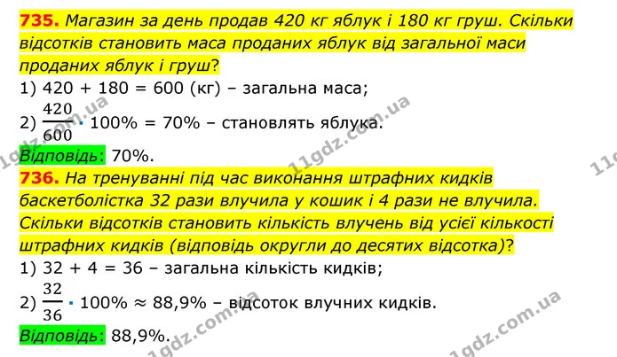 735. Магазин за день продав 420 кг яблук і 180 кг груш. Скільки відсотків становить маса проданих яблук від загальної маси проданих — ГДЗ Математика 6 клас Істер 2023 1-2 ч.