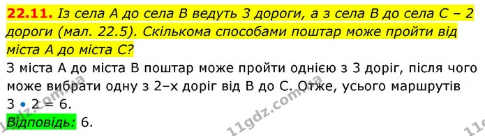 22.11. Із села А до села В ведуть 3 дороги, а з села В до села С – 2 дороги (мал. 22.5). Скількома способами поштар може пройти від — ГДЗ Алгебра 9 клас Істер