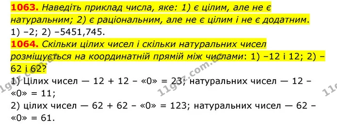 1063. Наведіть приклад числа, яке: 1) є цілим, але не є натуральним; 2) є раціональним, але не є цілим і не є додатним. — ГДЗ Математика 6 клас Тарасенкова 2023 1-2 ч.