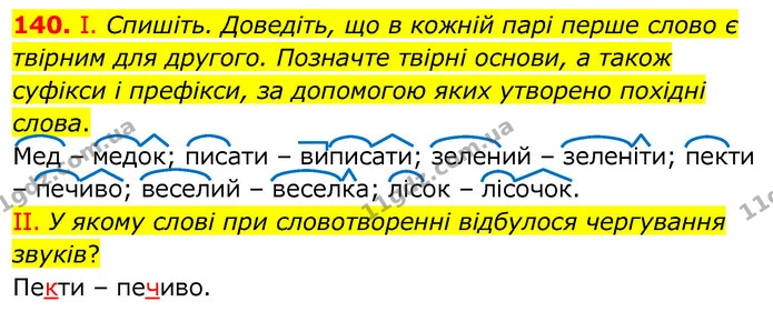 140. І. Спишіть. Доведіть, що в кожній парі перше слово є твірним для другого. Позначте твірні основи, а також суфікси і префікси, за — ГДЗ Українська мова 6 клас Заболотний 2020