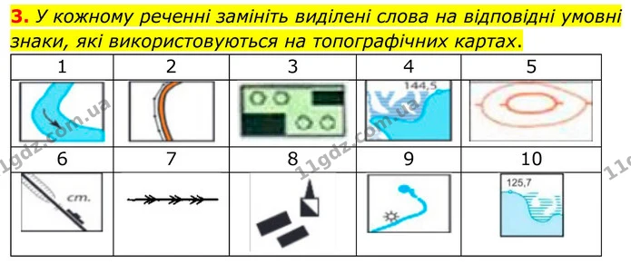 3. У кожному реченні замініть виділені слова на відповідні умовні знаки, які використовуються на топографічних картах. — ГДЗ Зошит практичні Географія 8 клас Гільберг