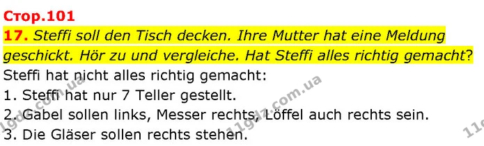 17. Steffi soll den Tisch decken. Ihre Mutter hat eine Meldung geschickt. Hör zu und vergleiche. Hat Steffi alles richtig gemacht? — ГДЗ Німецька мова 7 клас Басай
