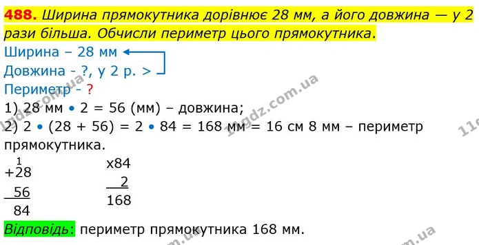 488. Ширина прямокутника дорівнює 28 мм, а його довжина — у 2 рази більша. Обчисли периметр цього прямокутника. — ГДЗ Математика 4 клас Оляницька