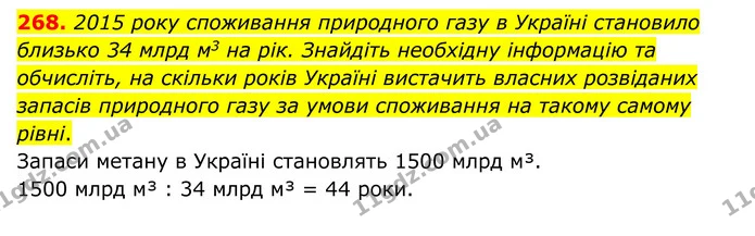268. 2015 року споживання природного газу в Україні становило близько 34 млрд м3 на рік. Знайдіть необхідну інформацію та обчисліть, на — ГДЗ Хімія 8 клас Григорович