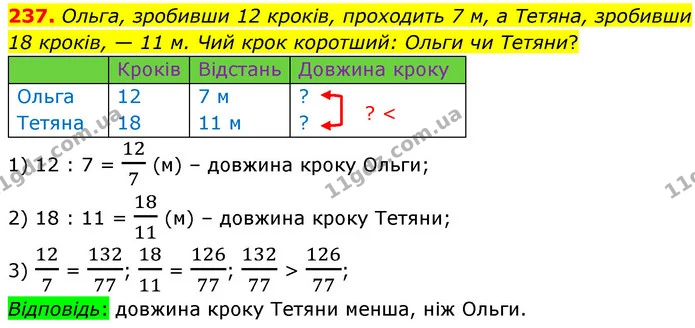 237. Ольга, зробивши 12 кроків, проходить 7 м, а Тетяна, зробивши 18 кроків, — 11 м. Чий крок коротший: Ольги чи Тетяни? — ГДЗ Математика 6 клас Кравчук 2023