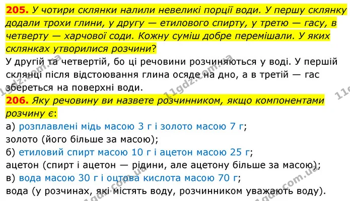 205. У чотири склянки налили невеликі порції води. У першу склянку додали трохи глини, у другу — етилового спирту, у третю — гасу, в — ГДЗ Хімія 7 клас Попель 2020