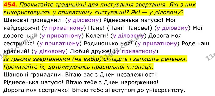 454. Прочитайте традиційні для листування звертання. Які з них використовують у приватному листуванні? Які — у діловому? — ГДЗ Українська мова 5 клас Глазова 2022