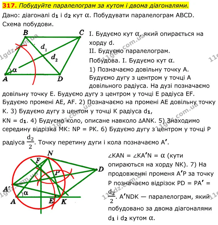 317. Побудуйте паралелограм за кутом і двома діагоналями. — ГДЗ Геометрія 8 клас Мерзляк