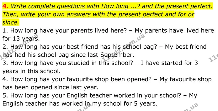 4. Write complete questions with How long ...? and the present perfect. Then, write your own answers with the present perfect and for — ГДЗ Англійська мова 7 клас Коста