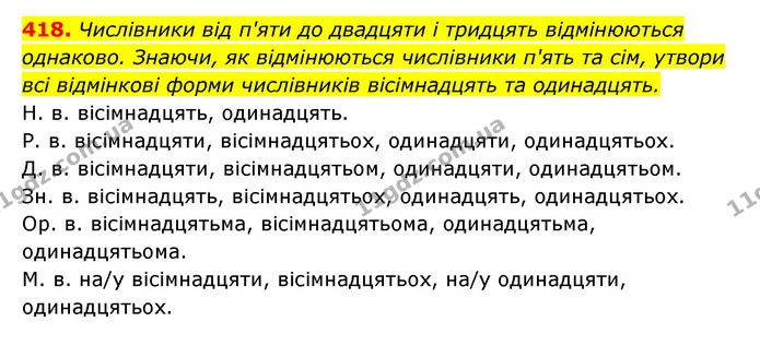 418. Числівники від п'яти до двадцяти і тридцять відмінюються — ГДЗ Українська мова 6 клас Онатій
