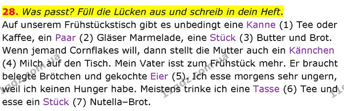 28. Was passt? Füll die Lücken aus und schreib in dein Heft. — ГДЗ Німецька мова 7 клас Басай