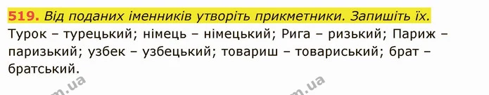519. Від поданих іменників утворіть прикметники. Запишіть їх. — ГДЗ Українська мова 6 клас Глазова