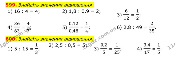 599. Знайдіть значення відношення: — ГДЗ Математика 6 клас Тарасенкова 2023 1-2 ч.