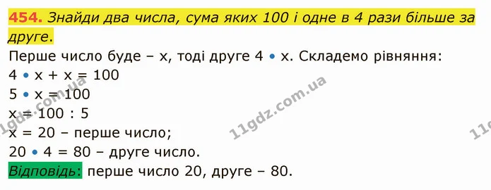 454. Знайди два числа, сума яких 100 і одне в 4 рази більше за друге. — ГДЗ Математика 4 клас Лишенко 1-2 ч.