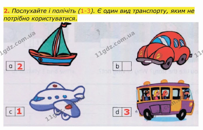 2. Послухайте і полічіть (1-3). Є один вид транспорту, яким не потрібно користуватися. — ГДЗ Зошит Англійська мова 4 клас Мітчелл