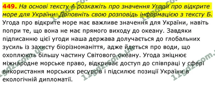 449. На основі тексту А розкажіть про значення Угоди про відкрите море для України. Доповніть свою розповідь інформацією з тексту Б. — ГДЗ Українська мова 9 клас Заболотний 2026