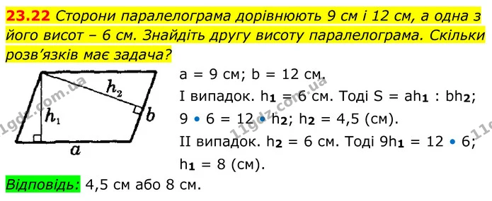 23.22 Сторони паралелограма дорівнюють 9 см і 12 см, а одна з його висот – 6 см. Знайдіть другу висоту паралелограма. Скільки — ГДЗ Геометрія 8 клас Істер