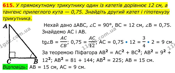 615. У прямокутному трикутнику один із катетів дорівнює 12 см, а тангенс прилеглого кута — 0,75. Знайдіть другий катет і гіпотенузу — ГДЗ Геометрія 8 клас Мерзляк