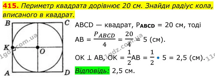 415. Периметр квадрата дорівнює 20 см. Знайди радіус кола, вписаного в квадрат. — ГДЗ Геометрія 8 клас Бевз
