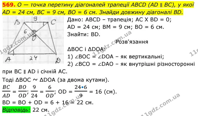 569. O — точка перетину діагоналей трапеції ABCD (AD ∥ BC), у якої AD = 24 см, BC = 9 см, BO = 6 см. Знайди довжину діагоналі BD. — ГДЗ Геометрія 8 клас Бевз