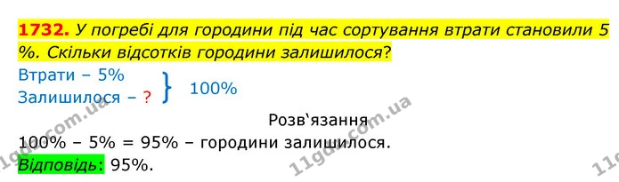 1732. У погребі для городини під час сортування втрати становили 5 %. Скільки відсотків городини залишилося? — ГДЗ Математика 5 клас Бевз